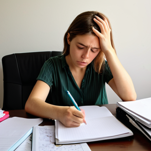 Home 11 **
A woman sitting at a table, surrounded by notebooks and papers filled with notes and questions. She looks overwhelmed but determined, holding a pen and taking a deep breath. Soft, supportive lighting. Emphasis on her face and the surrounding notes.
**