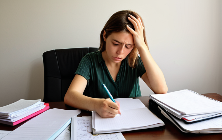 **
A woman sitting at a table, surrounded by notebooks and papers filled with notes and questions. She looks overwhelmed but determined, holding a pen and taking a deep breath. Soft, supportive lighting. Emphasis on her face and the surrounding notes.
**