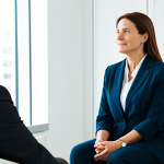 A mature woman in modest, professional attire, seated calmly in a modern, well-lit consultation room, engaged in a conversation with a supportive, fully clothed professional. Her expression is thoughtful and composed, representing resilience and informed decision-making. The room is clean and minimalistic, bathed in soft, natural light. safe for work, appropriate content, fully clothed, professional dress, perfect anatomy, correct proportions, natural pose, well-formed hands, proper finger count, natural body proportions, professional photography, high quality.