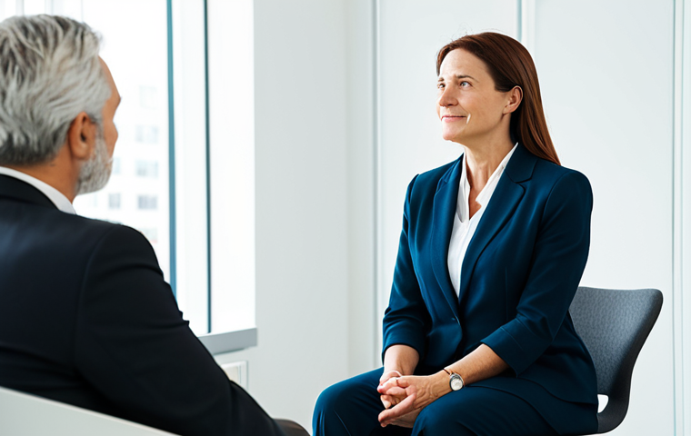 A mature woman in modest, professional attire, seated calmly in a modern, well-lit consultation room, engaged in a conversation with a supportive, fully clothed professional. Her expression is thoughtful and composed, representing resilience and informed decision-making. The room is clean and minimalistic, bathed in soft, natural light. safe for work, appropriate content, fully clothed, professional dress, perfect anatomy, correct proportions, natural pose, well-formed hands, proper finger count, natural body proportions, professional photography, high quality.