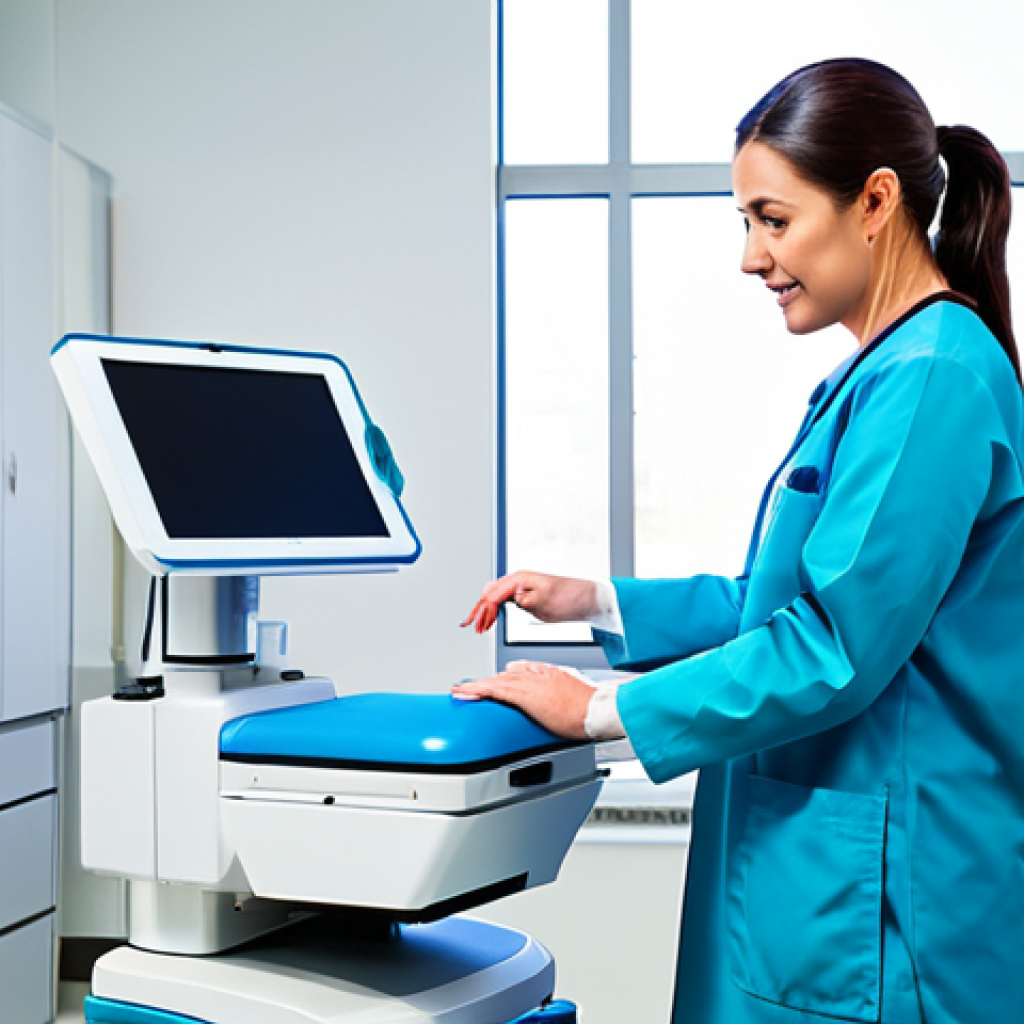 A professional medical doctor, fully clothed in modest, clean blue scrubs and a white lab coat, stands confidently in a modern, brightly lit medical facility. The doctor is interacting with a sleek, high-tech laser machine, representing advanced medical precision. The focus is on the innovative equipment and the doctor's expert, reassuring posture, conveying a sense of modern, gentle treatment. No patient or specific body parts are visible, maintaining full professionalism and safety. The background is a clean, sterile clinic environment. safe for work, appropriate content, fully clothed, professional dress, perfect anatomy, correct proportions, natural pose, well-formed hands, proper finger count, natural body proportions, professional photography, high quality.