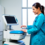 A professional medical doctor, fully clothed in modest, clean blue scrubs and a white lab coat, stands confidently in a modern, brightly lit medical facility. The doctor is interacting with a sleek, high-tech laser machine, representing advanced medical precision. The focus is on the innovative equipment and the doctor's expert, reassuring posture, conveying a sense of modern, gentle treatment. No patient or specific body parts are visible, maintaining full professionalism and safety. The background is a clean, sterile clinic environment. safe for work, appropriate content, fully clothed, professional dress, perfect anatomy, correct proportions, natural pose, well-formed hands, proper finger count, natural body proportions, professional photography, high quality.