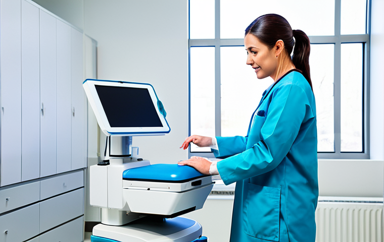 A professional medical doctor, fully clothed in modest, clean blue scrubs and a white lab coat, stands confidently in a modern, brightly lit medical facility. The doctor is interacting with a sleek, high-tech laser machine, representing advanced medical precision. The focus is on the innovative equipment and the doctor's expert, reassuring posture, conveying a sense of modern, gentle treatment. No patient or specific body parts are visible, maintaining full professionalism and safety. The background is a clean, sterile clinic environment. safe for work, appropriate content, fully clothed, professional dress, perfect anatomy, correct proportions, natural pose, well-formed hands, proper finger count, natural body proportions, professional photography, high quality.