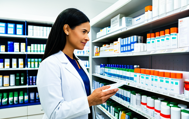 갑상선 수술 후 관리 - "A pharmacist in a clean, well-lit pharmacy, consulting with a woman in professional attire about he...