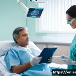 Home 16 외과 입원 후기 - A calm, well-lit hospital pre-operation room scene showing a middle-aged patient sitting on a bed we...