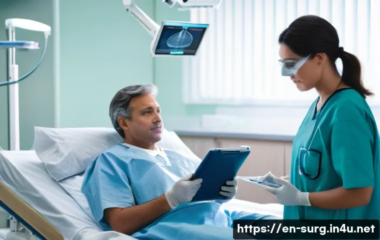 외과 입원 후기 - A calm, well-lit hospital pre-operation room scene showing a middle-aged patient sitting on a bed we...
