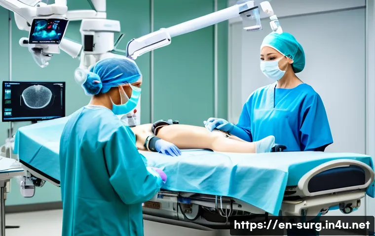 탈장 치료 가능 병원 - A modern hospital operating room scene showcasing a specialized hernia surgery center: a skilled sur...
