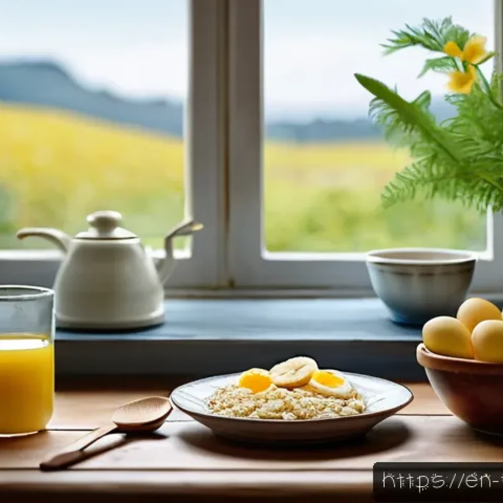 맹장 수술 후 회복 음식 - A cozy kitchen scene featuring a light, nutritious breakfast on a wooden table: a bowl of creamy oat...