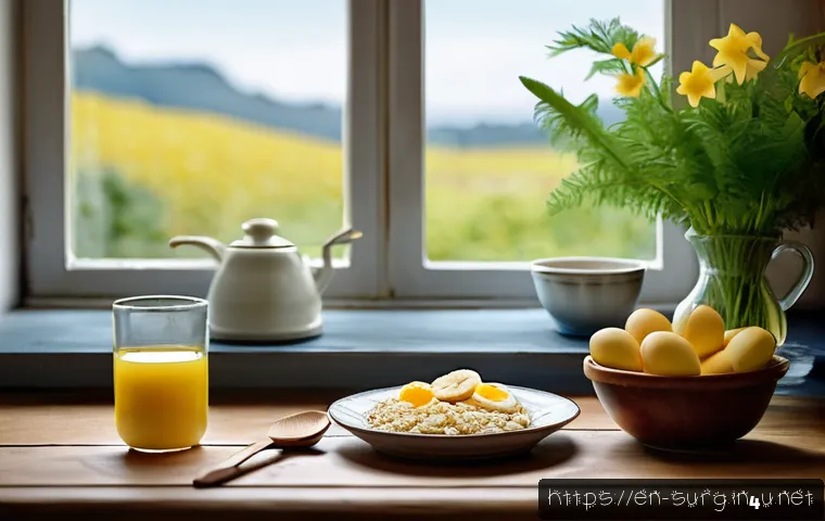 맹장 수술 후 회복 음식 - A cozy kitchen scene featuring a light, nutritious breakfast on a wooden table: a bowl of creamy oat...