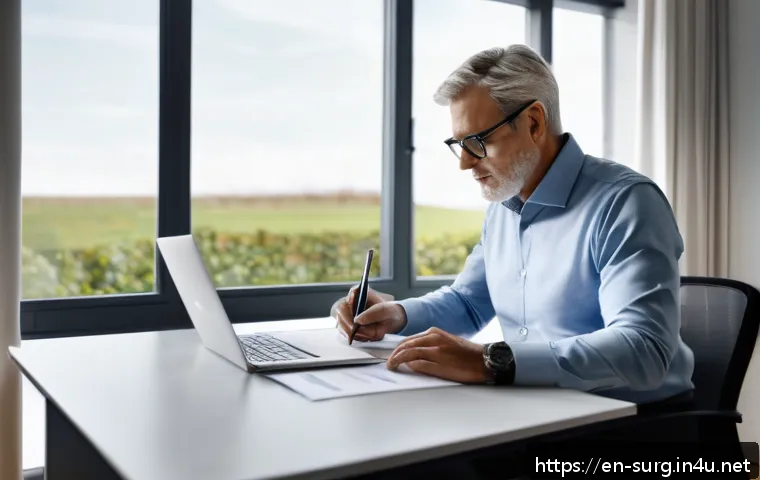 외과 실비 보험 청구 - A modern home office scene showing a middle-aged professional carefully reviewing detailed insurance...