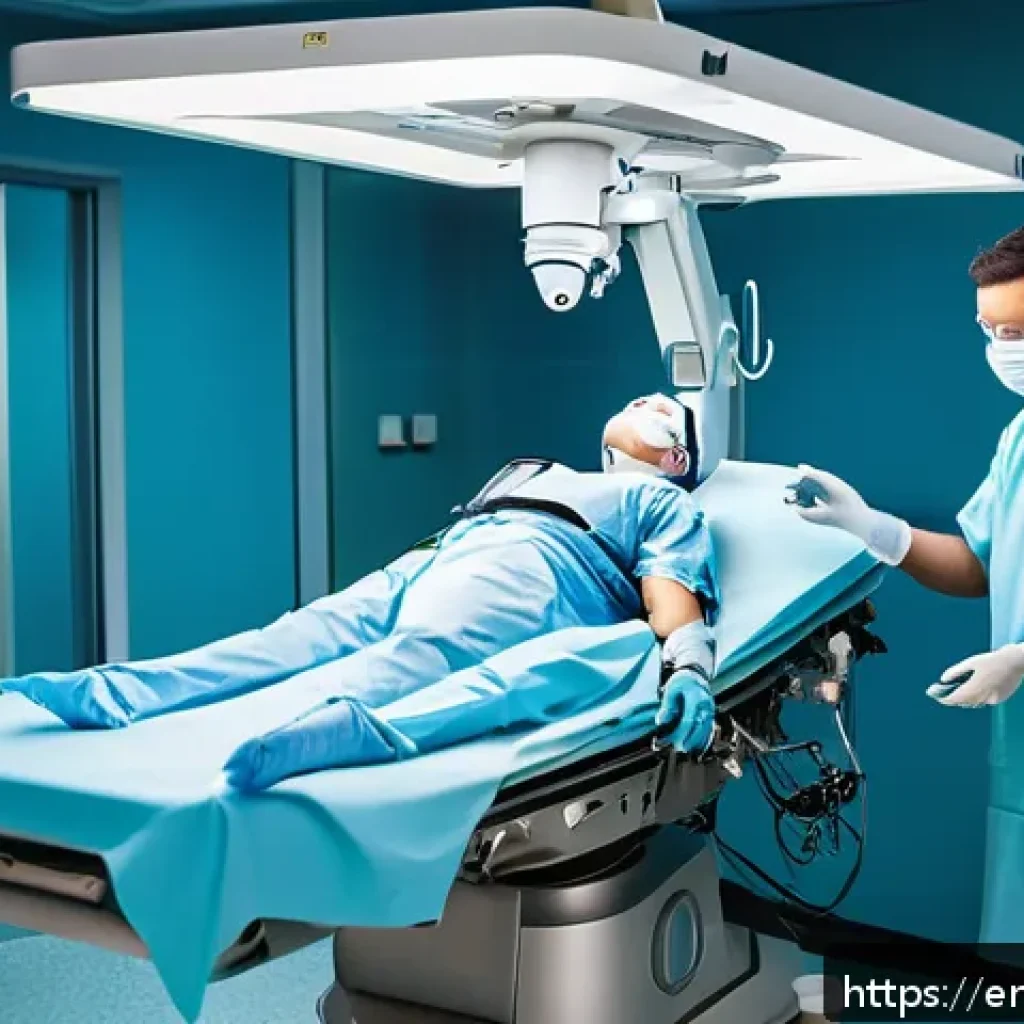 탈장 치료 최신 기술 - A highly detailed surgical scene inside a modern operating room showing a surgeon performing robotic...