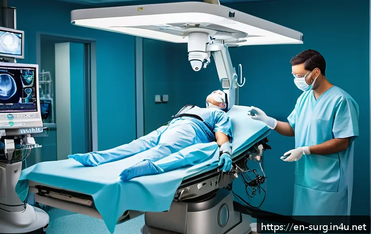 탈장 치료 최신 기술 - A highly detailed surgical scene inside a modern operating room showing a surgeon performing robotic...