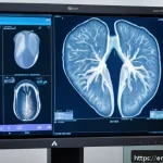 갑상선 결절 치료 - A high-resolution ultrasound machine screen displaying a detailed thyroid gland image with visible m...