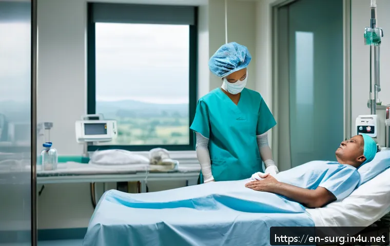 복강경 수술과 개복 수술 비교 - A modern hospital recovery room scene showing a middle-aged patient resting comfortably in bed after...