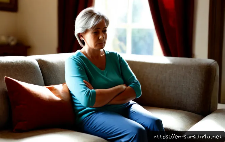 Home 17 맹장염 초기 증상 - Photorealistic home health scene, middle-aged woman in casual fully clothed attire sitting carefully...