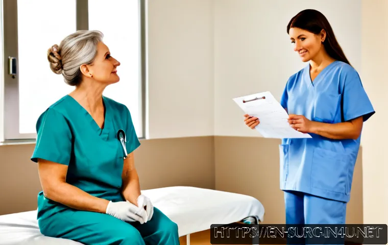 대장암 수술 후 관리 - Photorealistic post-colon cancer surgery recovery consultation in a bright modern outpatient clinic,...